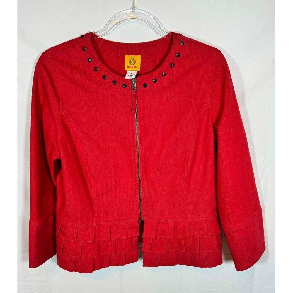 Pre-owned Ruby Rd. Red Jean Front and sleeve Zip Jacket size 10